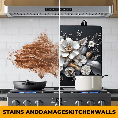 Image of White flower Stove Top Cover Retro Flower Gas Stove Top Cover for Home Decoration Kitchen Pad Non-Stick Washable Cooktop Covers Countertop Protector Keep Stove Clean 28 inchx20 inch