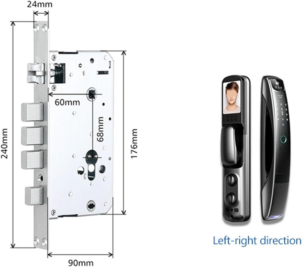 Diagram showing the dimensions of the lock mortise: 24mm width, 240mm height, 90mm depth, 60mm backset, 68mm center distance.