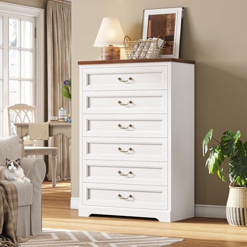 Hasuit Farmhouse 6 Drawer Dresser for Bedroom, 51.3\" Tall Wood Dressers Chest of Drawer, Rustic Storage Cabinet Organizer with Large Drawer and Vintage Handle, White Dresser for Bedroom Closet Hallway