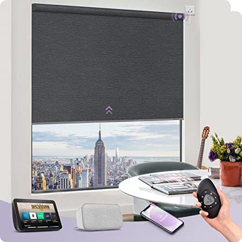 Graywind Smart Blackout Roller Shades Compatible with Alexa Google WiFi Hardwired Textured Fabric Motorized Blinds Remote Window Shades, Custom Size (Frequency Nero)