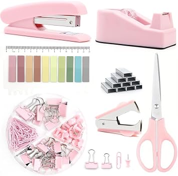 Pink Office Supplies Set,Desk Accessories Kit Tape and Stapler Dispenser Set Office Stationery Set with Staplers Tape Dispenser Staple Remover Staples Clips Scissor Paper Clip for Home School Office