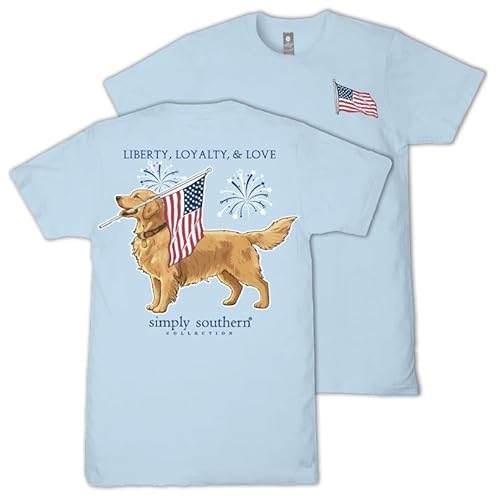 Simply Southern Liberty, Loyalty & Love - USA - Golden Retriever - Patriotic - Adult T-Shirt (US, Alpha, Large, Regular, Regular, Adult, Ice Blue)