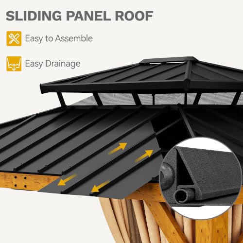DWVO 11X13FT Gazebo Wood Outdoor Wooden Frame Double Roof Hardtop Galvanized Steel Top Canopy w/Curtain and Netting, Patio Heavy Duty for Deck, Backyard by DWVO - Image 5