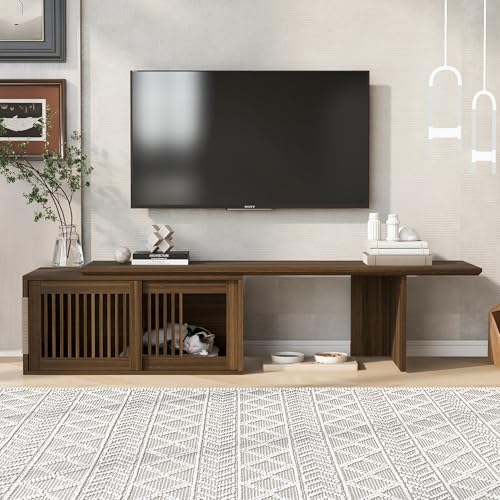 Weehom Cat House Litter Box Enclosure TV Stand with Extendable Table, Modern 2 in 1 Cat Furniture Wooden Litter Box Cabinet with Removable Sliding Door and Cats Scratcher,Extendable to 100