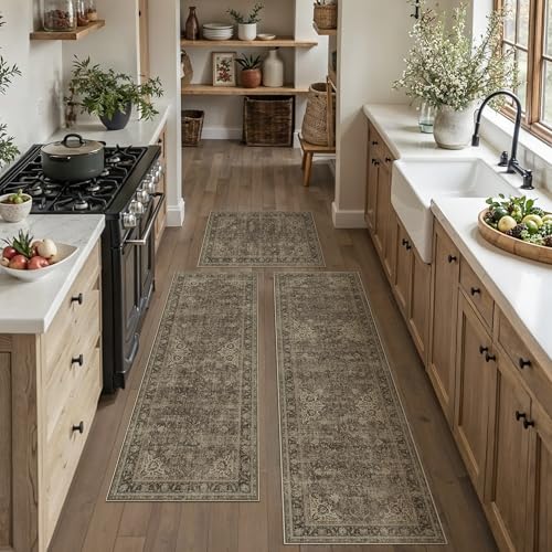 WondRg Kitchen Rug Set of 3 Washable Brown Vintage Kitchen Mats for Floor Non-Slip Kitchen Runner Rug Soft Low Pile Distressed for Bathroom Laundry Hallway Sink Entryway 20"x32"+20"x48"+20"x