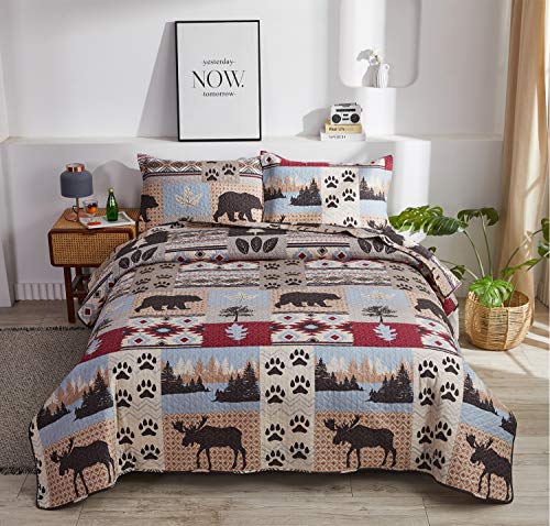 Lodge Bedding Set King Size Rustic Cabin Quilts Moose Bear Bedspread Cottage Coverlet With Sham Soft Lightweight All Season Bed Set, 1 Quilt 2 Pillow Shams #TOP11