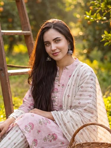 Image of INDO ERA Women's Pure Cotton Floral Printed Beads and Stones Work Kurta & Pant with Dupatta Set (IEAI13104)