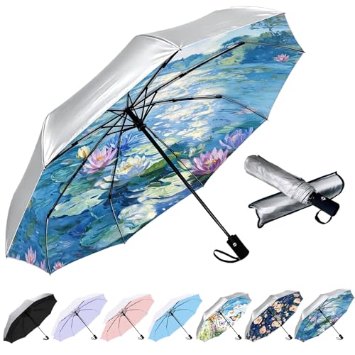 Image of SIEPASA Compact Travel Umbrella - Windproof Auto Open /Close, Small Folding Umbrella for Rain & Sun with UPF50+ - Lightweight Frame, Waterproof - Fits Backpack, Purse, Suitcase.(Silver /Water Lily)