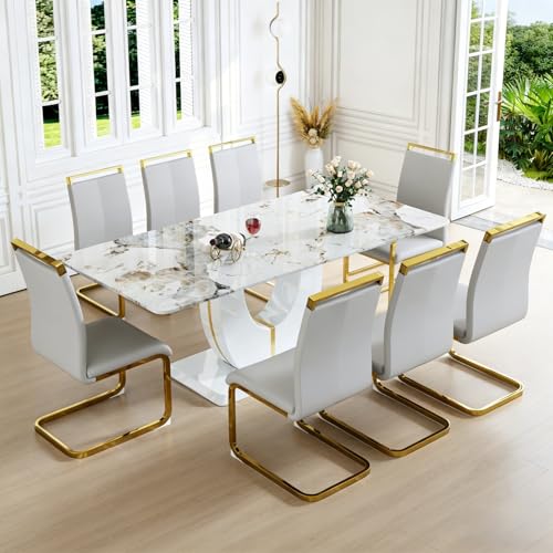 CRIPNAS Faux Marble Dining Room Table Set for 8, Modern