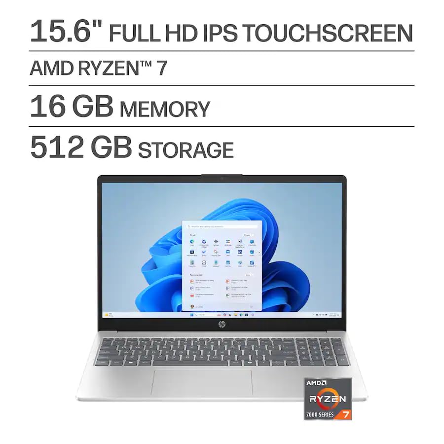 Image of HP 15.6 inch Touchscreen Laptop, AMD Ryzen 7 7730U, 16GB DDR4 RAM,512GB SSD