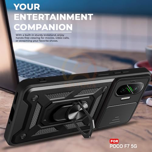 Image of Armor Bumper Back Cover Case for Poco F7 5G | Rotating Camera Cover, Ring Holder & Kickstand | Heavy Duty & 360 Degree Protection Poco F7 5G Back Cover (Black)