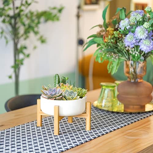 T4U 15CM Succulent Plant Pot with Stand, Shallow White Ceramic Succulent Bowl, Bamboo Plant Stand with Pot for Indoor Small House Plant Succulent Cactus Herb Moss, Modern Desk Decoration Plant Gift