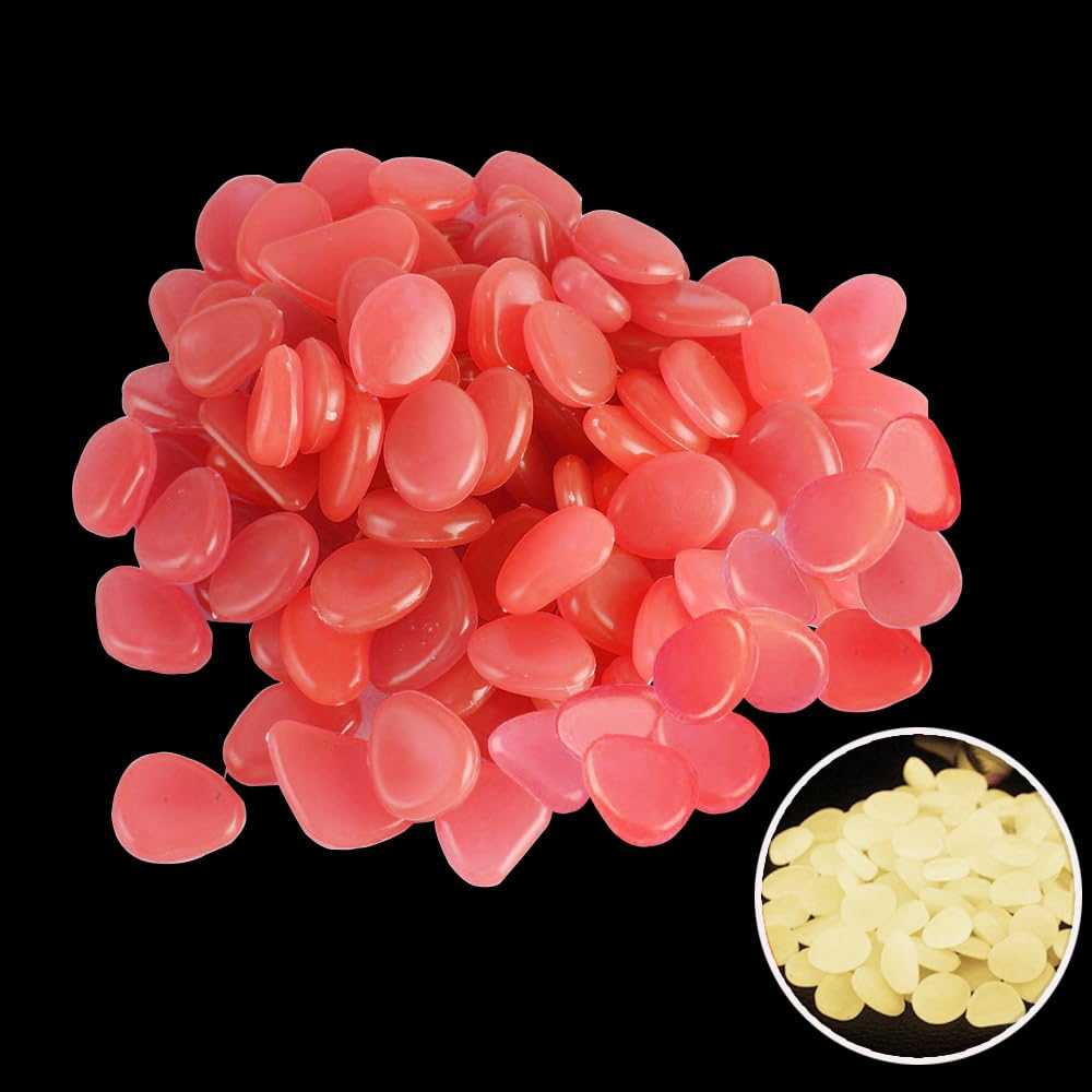 Glow in The Dark Rocks Pebbles - 200pcs Fish Tank Aquarium Decoration Stones Small Luminous Pebbles for Lawn Patio Garden Indoor Outdoor Vase Decor and DIY Ideas, Powered by Light or Solar, Pink