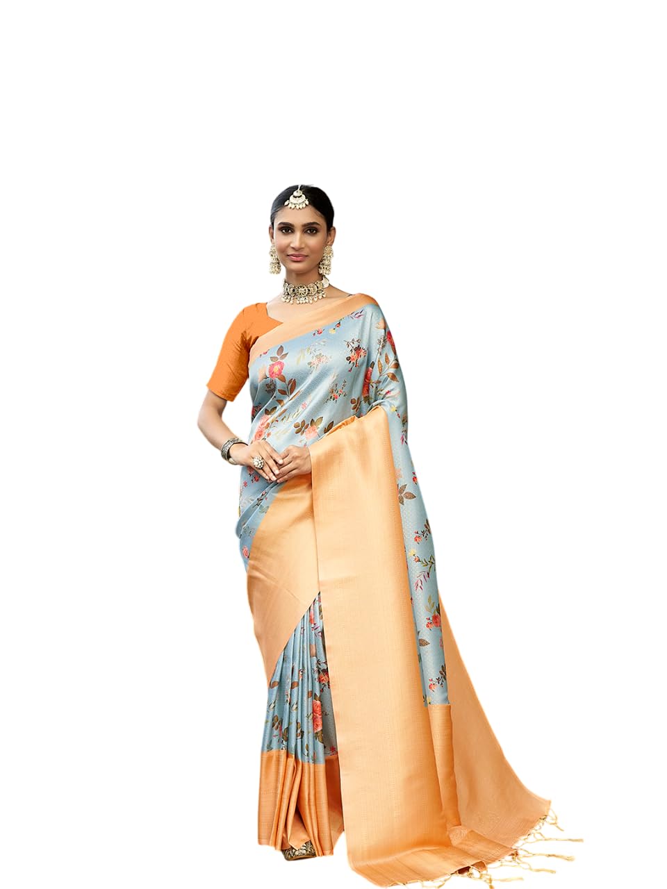 Stylish Light Blue Orange Designer Saree with Floral Patterns and Detailed Border Elegant Saree for Weddings Festive Occasions and Celebrations Fancy Women’s Saree for Special Events
