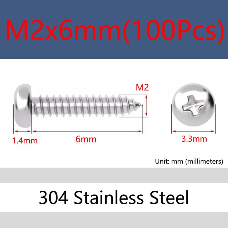 M2 x 6mm 100 Pcs Round Head Wood Screws Stainless Steel 304 Self Tapping Screws Cross Pan Head Pointed Tail Self Drilling Screws