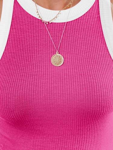 Image of siliteelon Womens Colorblock Racerback Crew Neck Casual Basic Ribbed Fitted Tank Top Sleeveless Camis