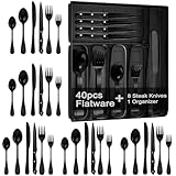 49-Piece Black Silverware Set with Organizer, Stainless...