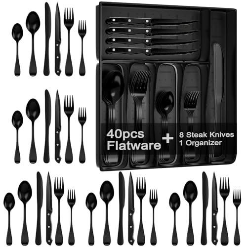49-Piece Black Silverware Set with Organizer, Stainless Steel Flatware Set for 8 with Drawer Tray, Cutlery Steak Knives Fork Spoon for Home Restaurant, Mirror Finish