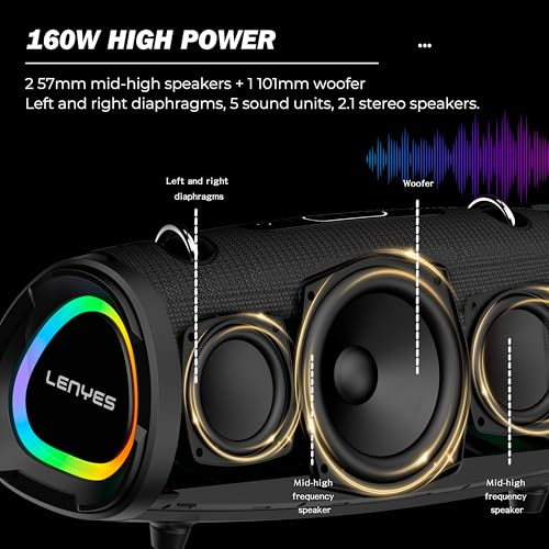 Image of Lenyes S872 Bluetooth Speakers Wireless, 160W Peak Output, 2.1 Stereo Sound, IPX6 Waterproof, 9000mAh Battery, TWS Pairing Bluetooth Speaker, AUX /TF /USB Playback, Mic & Power Bank Support - Black