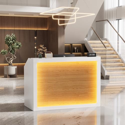 MSFE Empfangstheke mit LED,Verkaufstheke mit Schubladen,Schränke,Regale und Ladestation,Modern Holz Empfangsmöbel Rezeption Tisch Kompakt Fronttresen für Beauty Salon,Geschäft,Hotel,Büro,140*60*110CM