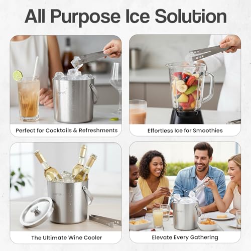 Image of O' Holic by Perch Stainless Steel Double Wall Ice Bucket & Tong - 1500ml | Insulated with Lid & Handle|Bartender Kit |Premium Barware Accessories for Home Bar, Parties, Cocktails & Gifting (1.5 Litre)