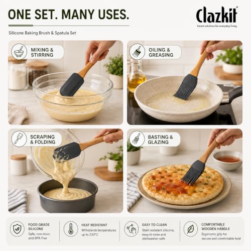 Image of Clazkit Silicone Oil Brush for Cooking & Non-Stick Silicone Spatula Baking & Mixing - with Wooden Handle, Non-Stick Cookware Heat Resistant Kitchen Utensil Tools|Black