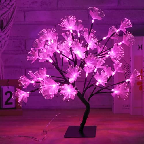 Drawelry Fiber Optic Flower Tree Lamp - 48 LED Table Night Light USB Powered Artificial Flower Bonsai Tree Lamp Bedroom Living Room Decor Valentines Day Birthday Gift for Women Girls Mother (Pink)