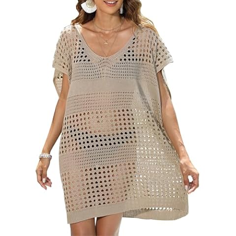 Ferand Crochet Coverups for Women, Lightweight Tunic Tops, Summer Bathing Suit Bikini Cover Up, Khaki Cover