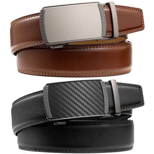 Image of Founders & C Mens Belt 2 Pack,Leather Ratchet Click Belt Dress with Slide Buckle 1 3 /8 inch in Gift Set Box- Size Adjustable