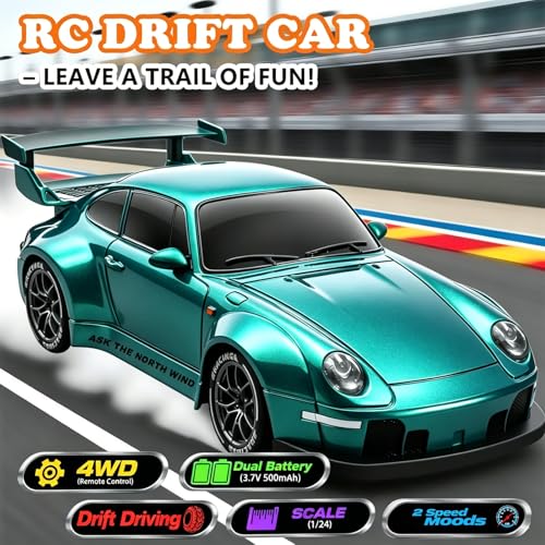 Image of RC Drift Car, 1:24 Scale Remote Control Vehicle with LED Lights,Drifting Tires&Two Batteries, Racing Sports Toy Idea Gift for Adults Boys Girls and Kids (Lake Blue)