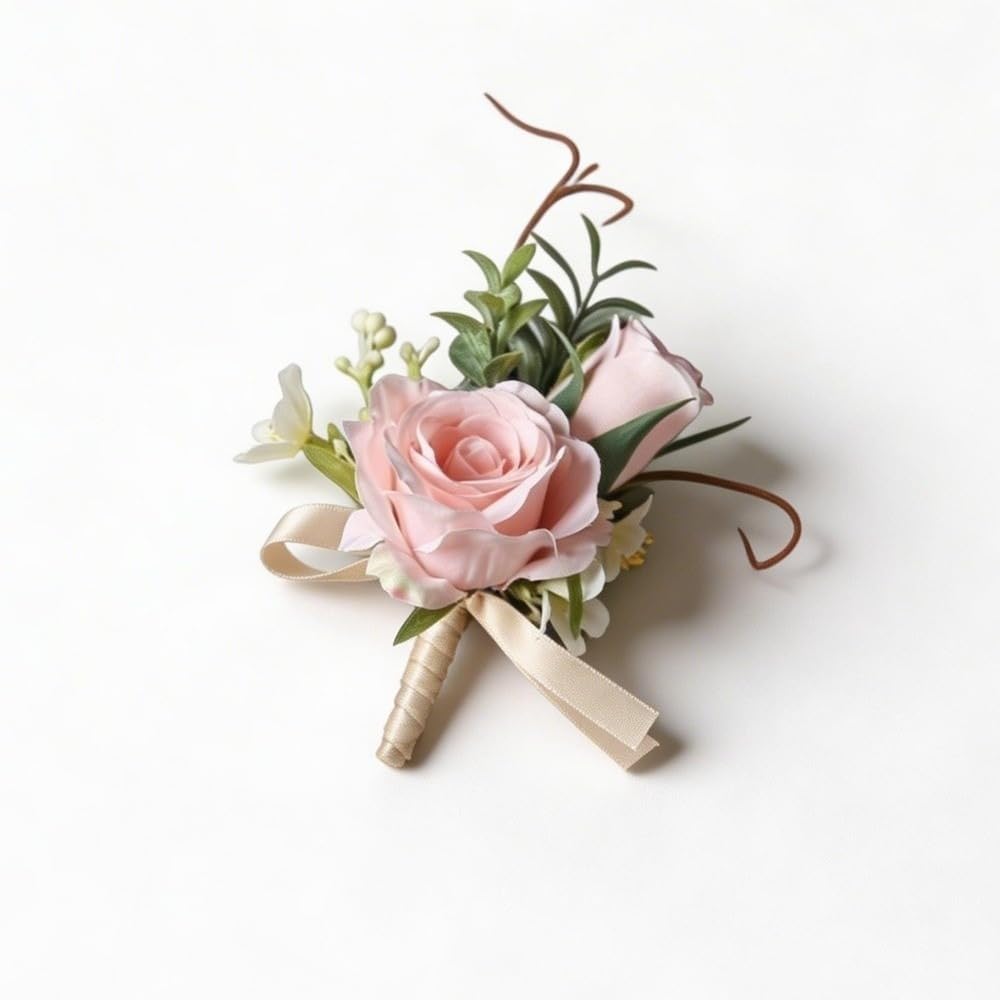 Silk Flowers Artificial Boutonnieres Flowers, Elegant Artificial Flowers, Elegant Wedding Wrist Corsage Classic Pearl White Roses(Pink)