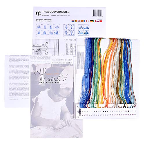 Image of Thea Gouverneur - Counted Cross Stitch Kit - Antique Tiles Flowers - Aida - 18 Count - Embroidery Kit for Adults - DMC Embroidery Threads and Other Cross Stitch Supplies Included - 485A