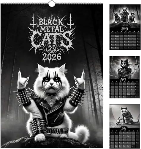 Black Metal Cats 2026 - Wall Calendar 2026,11×8.5 inches Gothic Style Kitten Monthly Planner, Alternative Dark Aesthetic 12-Month Calendar for Metal Music Fans & Cat Lover (Black)