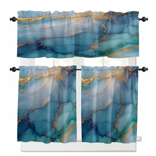 Turquoise Blue Marble Kitchen Curtains 36 Inch Length, 3 Piece Rod Pocket Small Half Tiers and Valance Set, Modern Teal Gold Geometric Small Large Window Treatment Decor for Bedroom/Bathroom Sink