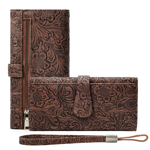 Image of Wristlet Wallet for Women Leather Clutch Purse Trifold Card Holder RFID Blocking Large Capacity Brown