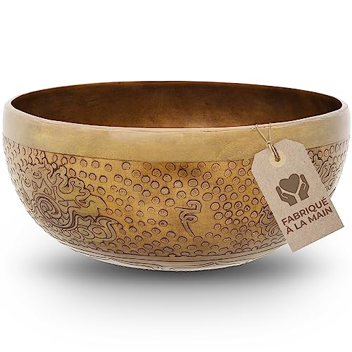 Bol chantant tibétain, motif fleur de vie, pour yoga, méditation et détente, diamètre : 20 cm, 1100 g, surface antique, fabriqué à la main de qualité...