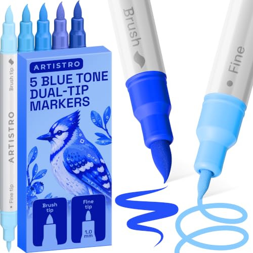 Image of ARTISTRO 5 Blue Tones Dual-Tip Acrylic Paint Marker Pens for Drawing | For Fabric, Rock, Glass, Wood, & Molds, Arts & Crafts Gift for Adults, Teens, & Kids, Classroom Must Haves & School Supplies