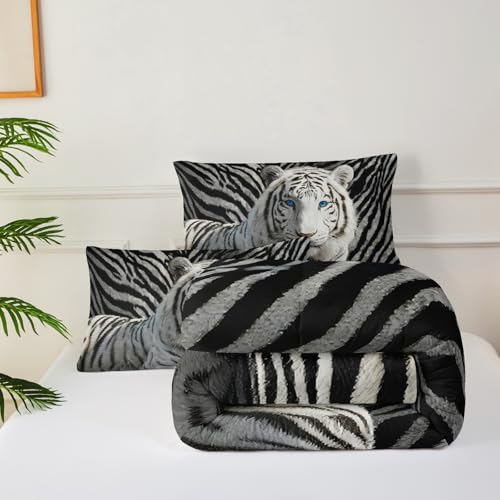 Image of 3Pcs White Tiger Comforter Set Twin Size for Teen Boys Girls Room Decor,3D Animals Print Comforter Set,Wild Animals Theme Black White Stripe Tiger Bedding Set