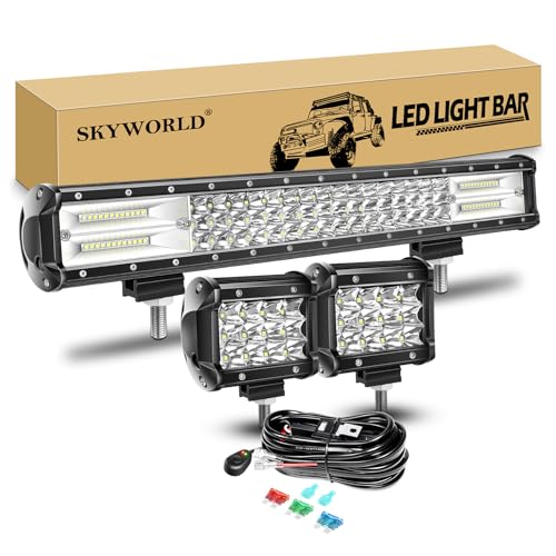 SKYWORLD 20 inch 288W Tri-Row Spot Flood Combo LED Light Bar Work Driving Lamp + 2 x 36W 4 inch LED Pods Fog Lights with 12V Wiring Harness Kit for Truck Tractor 4x4 4WD Car ATV UTV SUV Vehicles