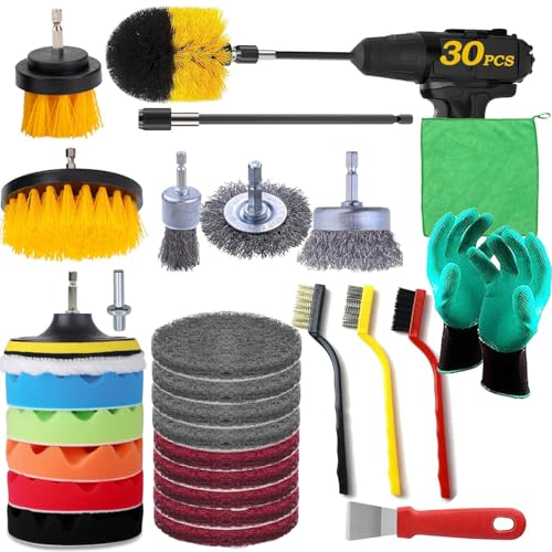 30-Piece Drill Brush Attachments Set - Includes Scrub Pads, Sponge Pads, Wire Brushes & Extension Rod - Multi-Surface Cleaning for Bathroom, Floor, Car, Grill & More