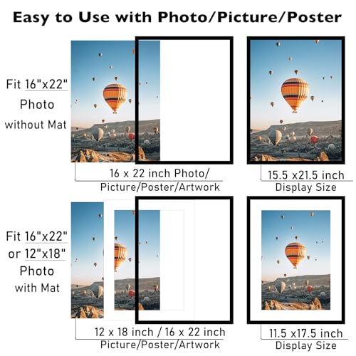 Image of JCJMY 16x22 Picture Frame with 12x18 Mat, Display Photo 12x18 with Mat or 16 x 22 Without Mat, Wall Hanging Large 16 by 22 Poster Frame with Plexiglass, Black