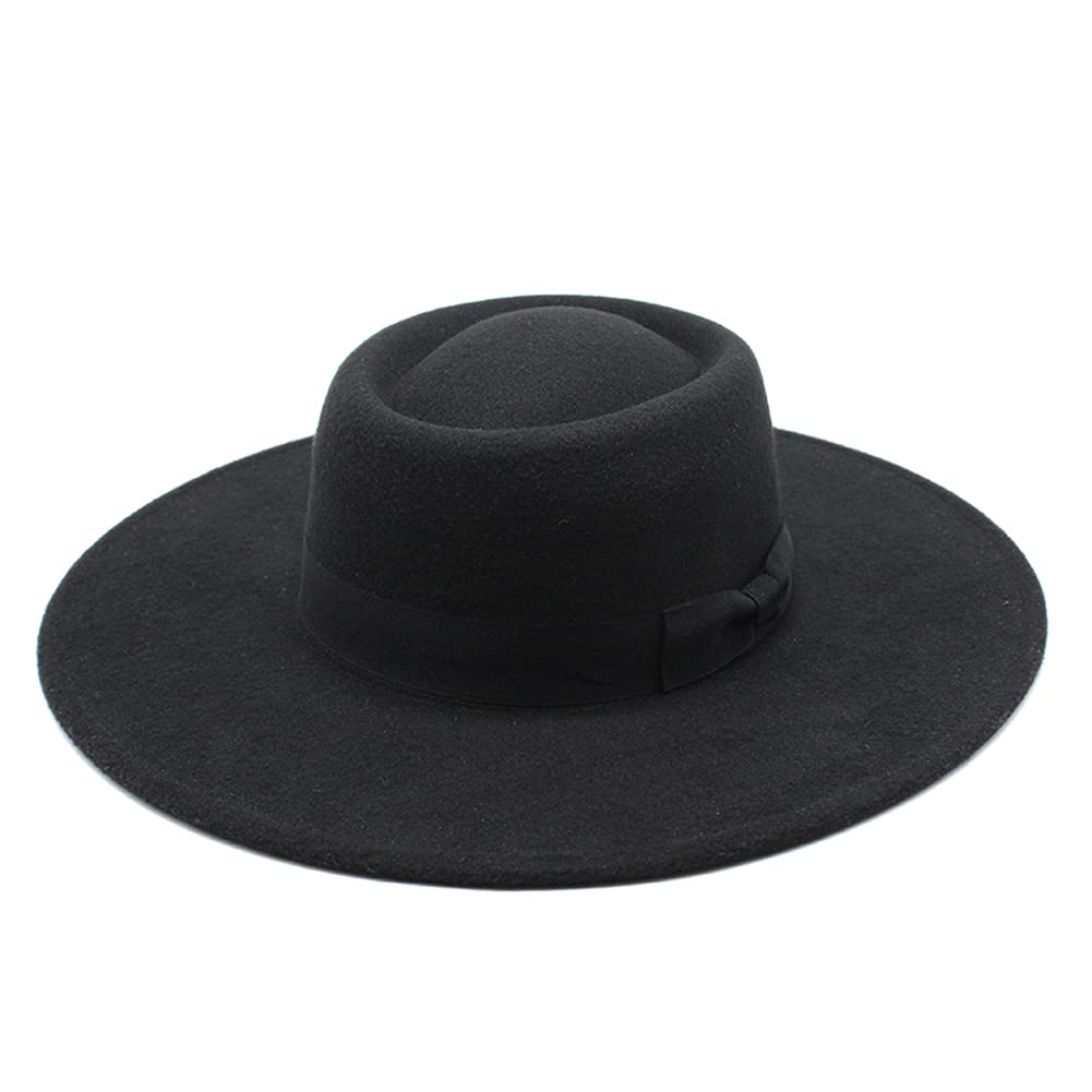 QUUPYWomen Classic Wide Brim Fedora Flat Top Hat Felt Boater Pork Pie Jazz Hat Panama Hat with Bow Belt