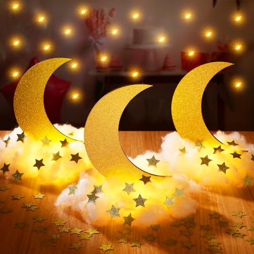 Wonderjune 9 Sets Twinkle Twinkle Little Star Table Centerpieces DIY Moon Stars Baby Shower Decorations Light Star Cloud Decor for Baby Shower Birthday Party DIY Crafts(Glitter Gold)