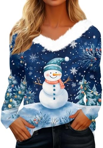 Womens Christmas T Shirts,Christmas Women Tops 2024 Xmas Long Sleeve Shirts V Neck Winter Fashion Holiday Outfits