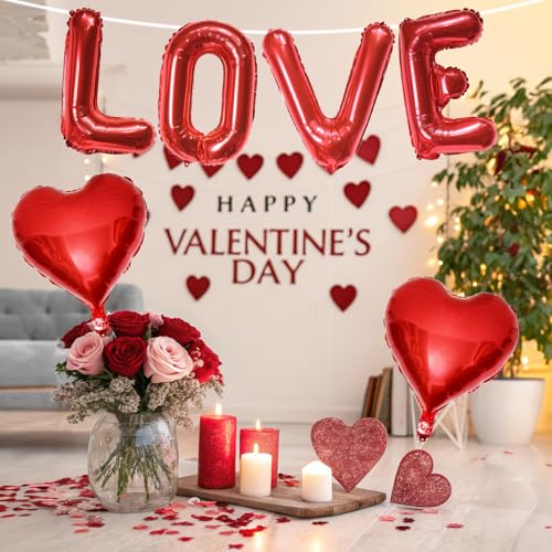 Image of Love Balloons Banner and Heart Shaped Balloon, Love Balloons Decorations for Him Her I Heart You Valentines Day Balloon for Valentine Day Romantic Wedding Anniversary Engagement Party Supplies