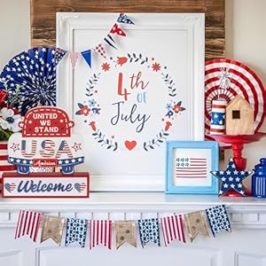 DECSPAS 4th of July Decorations for Home Patriotic American Wooden Table Memorial Day Decor Welcome USA Sign of Red White and Blue Fourth of July Independence Day Decor for Tabletop Mantel Shelf