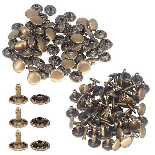 Trimming Shop Leather Rivets 100 Set Double Cap Rivets Tubular Metal Studs for DIY Crafts, Handbag, Belts, Purses, Bags, Shoes, Clothing, Repair & Replacement, 7mm, Bronze