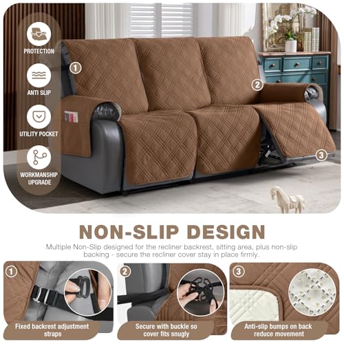 Image of TAOCOCO 100% Waterproof Recliner Sofa Covers 3 Seater Split Couch Covers for 3 Cushion Reclining Couch with Straps, Non Slip Reclining Sofa Covers Furniture Protector for Kids Pets(3 Seater, Brown)