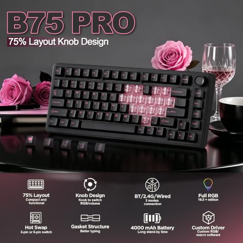 Image of YUNZII B75 PRO Wireless Mechanical Keyboard,75% Layout with Knob,Hot Swap Gasket Structure,Creamy Pre-lubed Switches,RGB Backlit,Bluetooth /Type-C /2.4G for Win /Mac (Black Heart, Cocoa Cream V2 Switch)