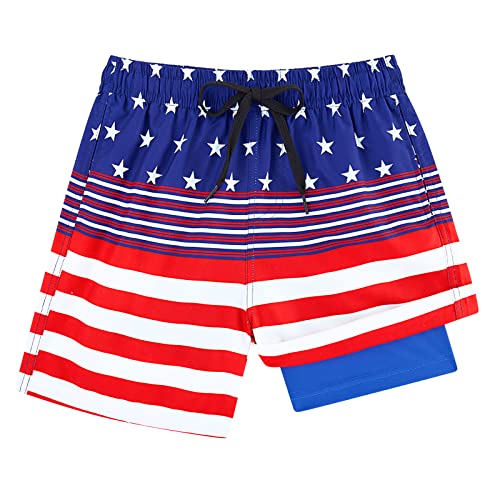 Cozople Boys Swimming Trunk With Boxer Brief Liner American Flag Swim Short Red Blue Swimsuit Anti Chafe Stretchy Swimwear Compression Bathing Suit Size 10-12 #TOP4